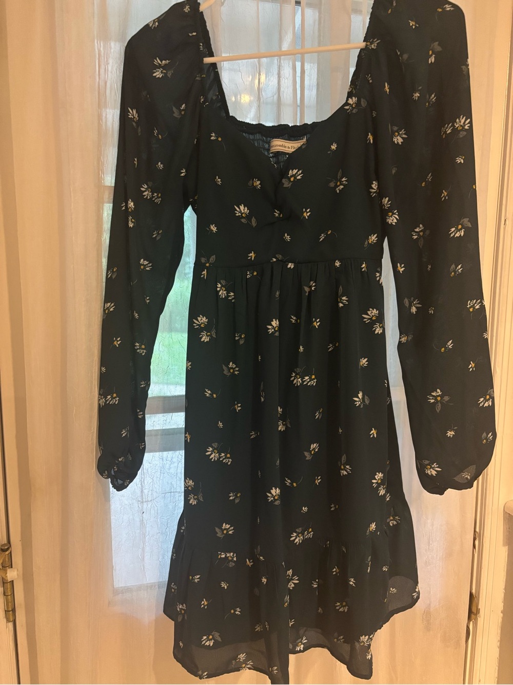 Dark Green Floral Long-Sleeve Mini Dress